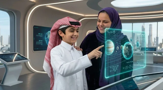 طفل سعودي وامرأة يتفاعلان مع هولوجرام التعليم الذكي