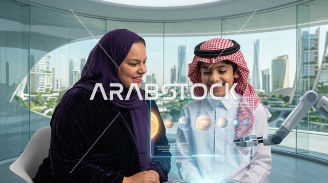 أم سعودية وابنها يستخدمان تقنية التعليم الذكي
