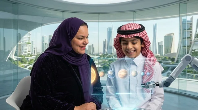 أم سعودية وابنها يستخدمان تقنية التعليم الذكي