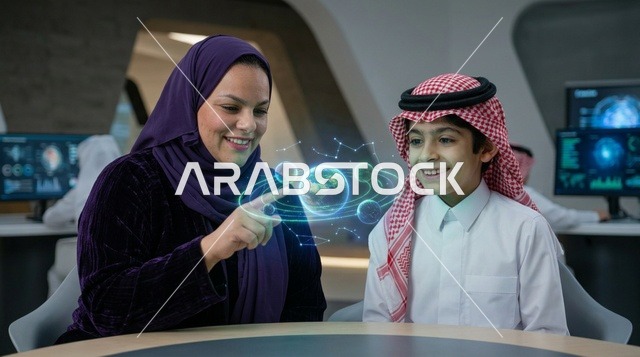 تقنية التعلم الذكي لطالب ومعلمة مع هولوغرام الكواكب