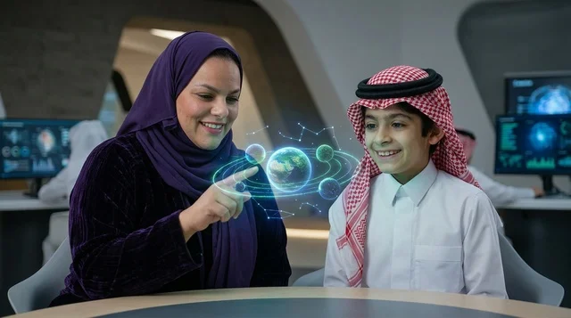تقنية التعلم الذكي لطالب ومعلمة مع هولوغرام الكواكب