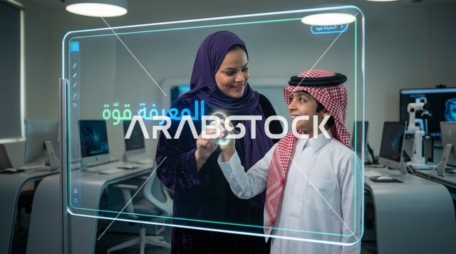 طفل سعودي ومعلمة يتفاعلان مع شاشة تعليمية ذكية
