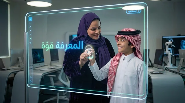طفل سعودي ومعلمة يتفاعلان مع شاشة تعليمية ذكية