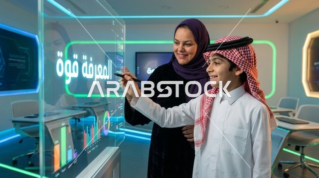 طالب سعودي ومعلمة في فصل دراسي ذكي بشاشة تفاعلية