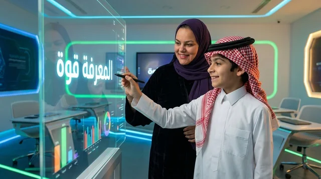 طالب سعودي ومعلمة في فصل دراسي ذكي بشاشة تفاعلية