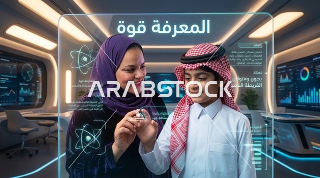 Saudi Mother and Son Using Futuristic Educational Interface