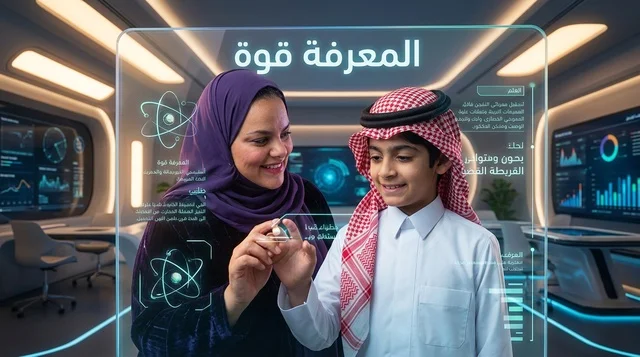 Saudi Mother and Son Using Futuristic Educational Interface