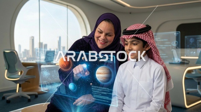 Arab Mother and Son Exploring Solar System Hologram