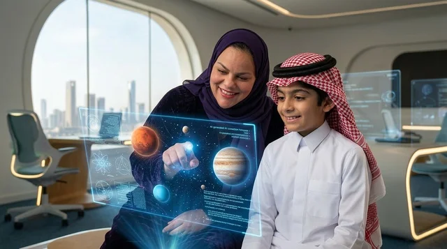 التعلم الذكي للأم والابن مع مجسم النظام الشمسي