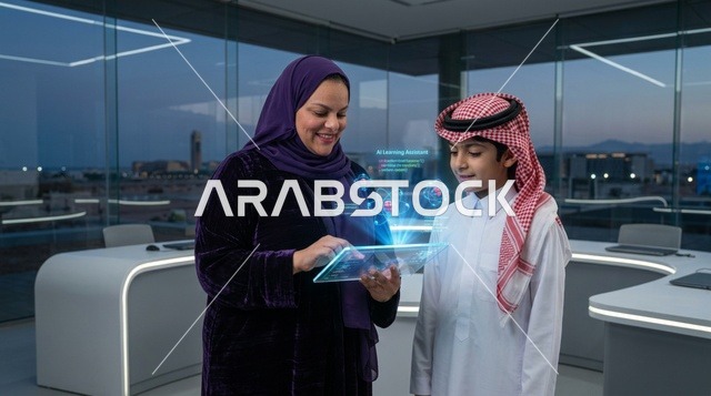 معلمة وطالب في السعودية يستخدمان تقنية التعليم الذكي