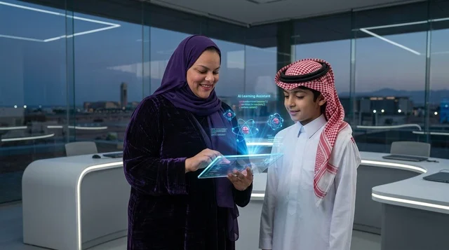 معلمة وطالب في السعودية يستخدمان تقنية التعليم الذكي