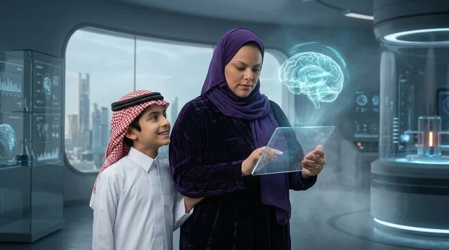 التعلم الذكي طفل سعودي وامرأة مع هولوغرام الدماغ المستقبلي