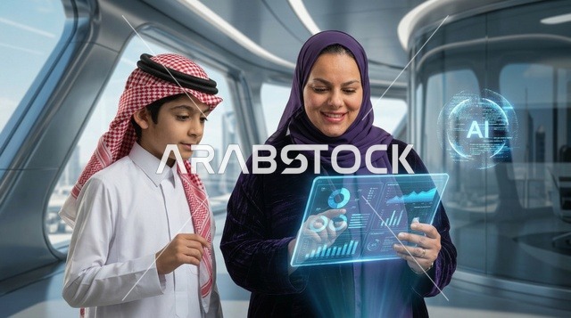 Saudi Mother and Son Using Smart Learning Technology