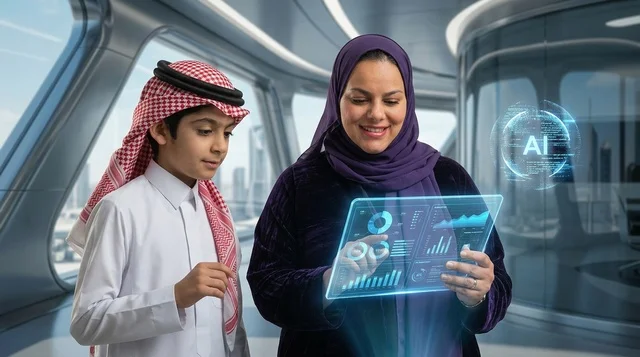Saudi Mother and Son Using Smart Learning Technology