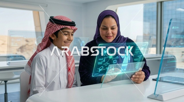 التعلم الذكي طالب سعودي ومعلمة يتفاعلان مع هولوغرام
