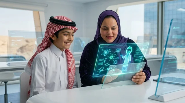 التعلم الذكي طالب سعودي ومعلمة يتفاعلان مع هولوغرام