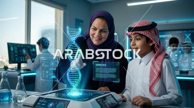 معلمة وطالب سعودي يدرسان هولوغرام الحمض النووي بالمختبر