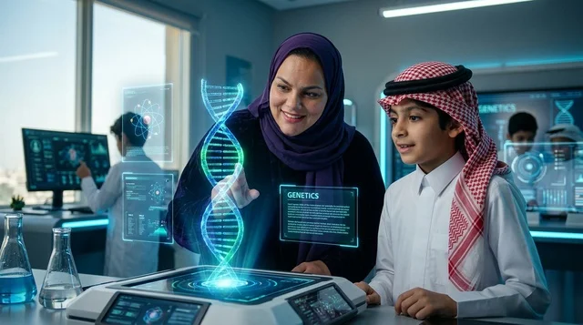معلمة وطالب سعودي يدرسان هولوغرام الحمض النووي بالمختبر