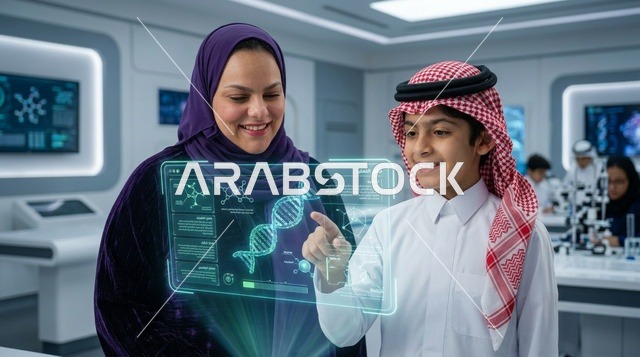 التعلم الذكي وطالب سعودي مع شاشة هولوغرام تفاعلية
