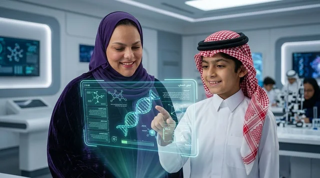 التعلم الذكي وطالب سعودي مع شاشة هولوغرام تفاعلية