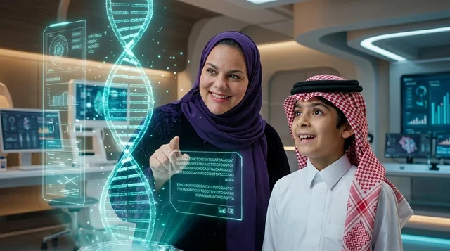 معلمة وطالب سعودي يتفاعلان مع شاشة هولوغرام الحمض النووي