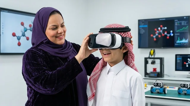 طالب سعودي يستخدم نظارة الواقع الافتراضي في فصل ذكي