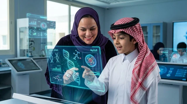 طالب ومعلمة سعودية يستخدمان الهولوغرام في التعليم الذكي