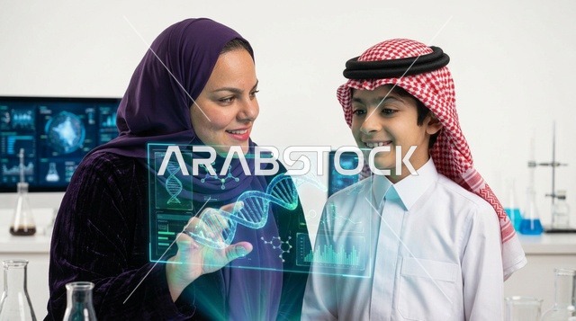 معلمة وطالب سعودي يستخدمان الهولوجرام في مختبر العلوم