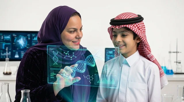 معلمة وطالب سعودي يستخدمان الهولوجرام في مختبر العلوم