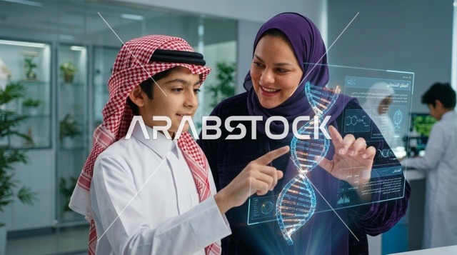 معلمة وطالب سعودي يدرسان الحمض النووي بالهولوغرام