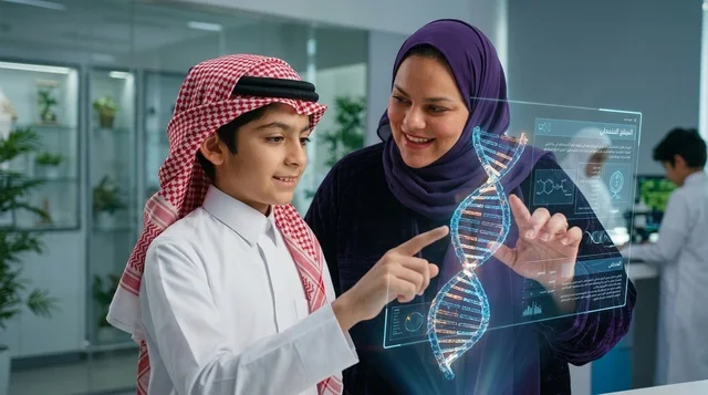 معلمة وطالب سعودي يدرسان الحمض النووي بالهولوغرام