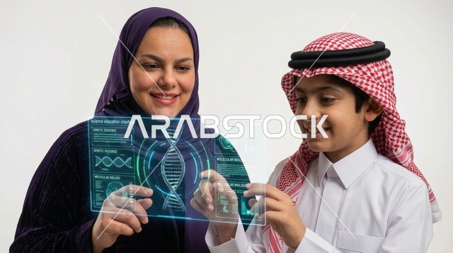 أم سعودية وطفل يتفاعلان مع شاشة هولوغرام تعليمية