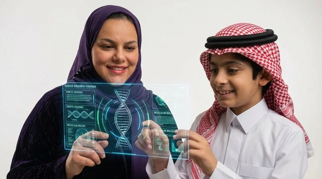 أم سعودية وطفل يتفاعلان مع شاشة هولوغرام تعليمية
