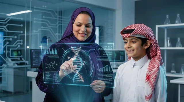 Saudi Student and Teacher with Futuristic Hologram in Lab