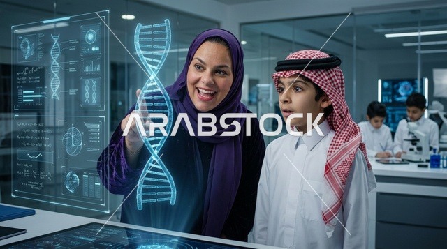 معلمة وطالب سعودي يدرسان الحمض النووي بتقنية الهولوجرام