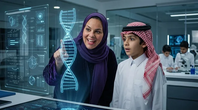معلمة وطالب سعودي يدرسان الحمض النووي بتقنية الهولوجرام