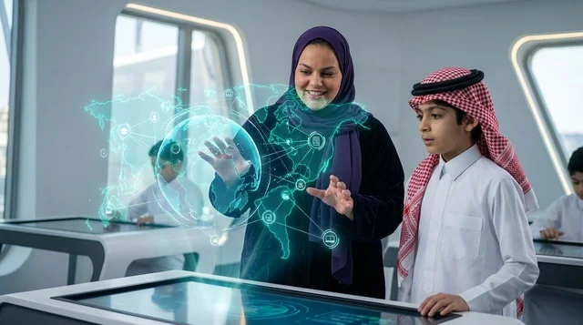 التعلم الذكي في فصل دراسي سعودي حديث مع هولوجرام