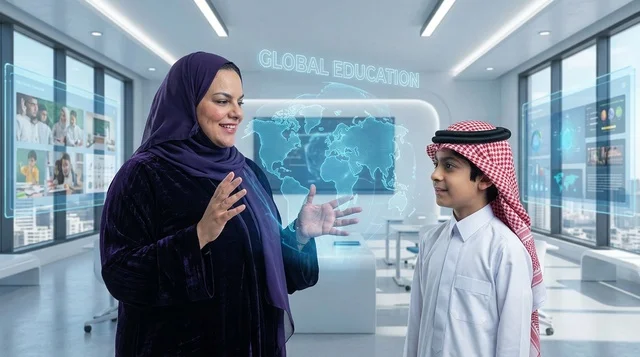 معلمة وطالب سعودي في فصل دراسي ذكي ومستقبلي