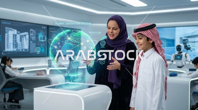 التعلم الذكي داخل فصل دراسي سعودي متطور مع هولوجرام
