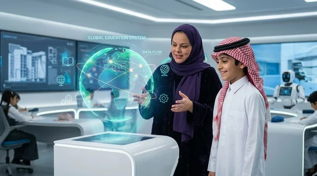 التعلم الذكي داخل فصل دراسي سعودي متطور مع هولوجرام