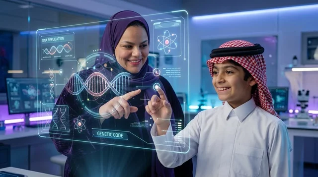 طالب سعودي ومعلمة في مختبر العلوم التفاعلي الحديث