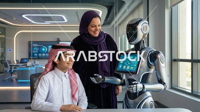 طالب سعودي يتفاعل مع روبوت ذكي في بيئة تعليمية حديثة