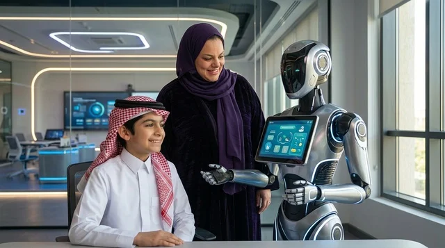 طالب سعودي يتفاعل مع روبوت ذكي في بيئة تعليمية حديثة