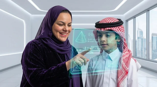 التعلم الذكي لطفل سعودي ومعلمة مع شاشة هولوغرام تفاعلية