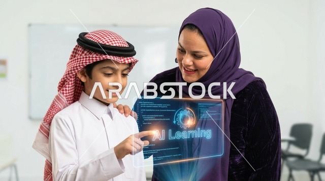 طالب سعودي ومعلمة يستخدمان تقنية الذكاء الاصطناعي