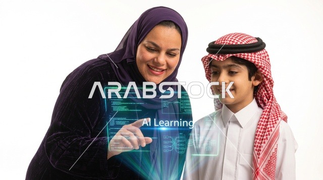 أم سعودية مع طفلها يستخدمان شاشة التعلم الذكي الحديثة