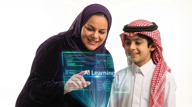 أم سعودية مع طفلها يستخدمان شاشة التعلم الذكي الحديثة