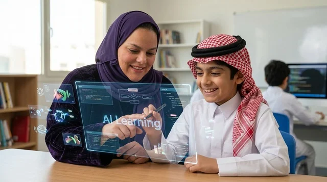 طالب ومعلمة سعودية يستخدمان تقنية التعلم الذكي الحديثة