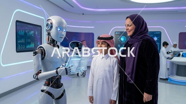 طالب ومعلمة سعودية يتفاعلون مع روبوت في فصل ذكي