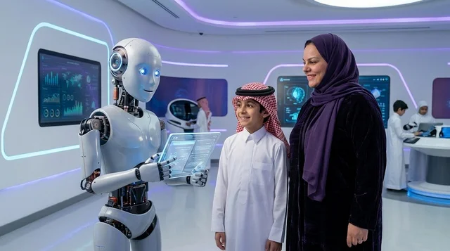 طالب ومعلمة سعودية يتفاعلون مع روبوت في فصل ذكي